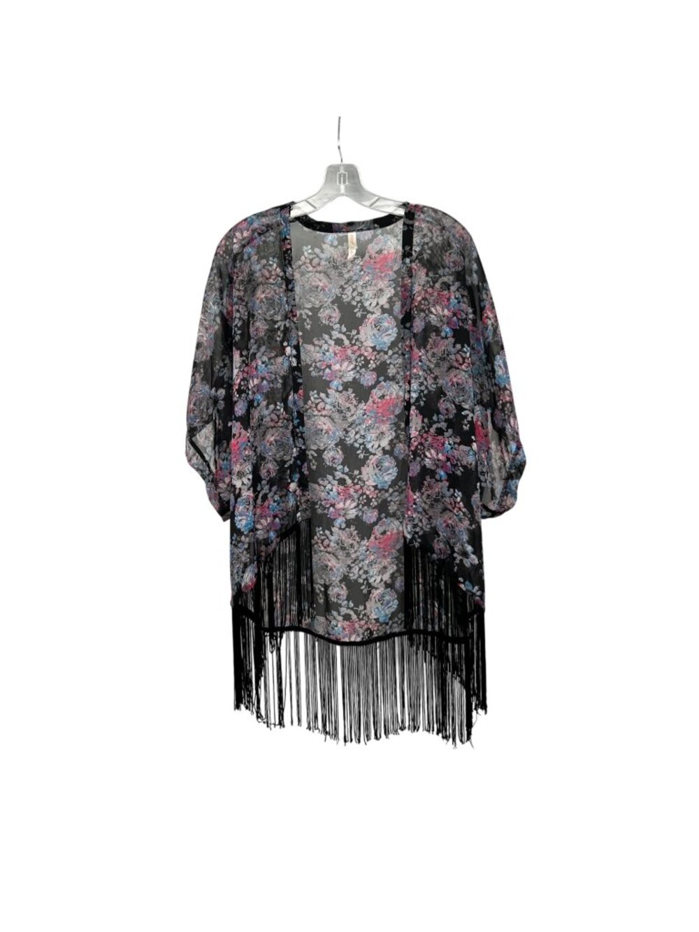 Xhilaration Sheer Floral Open Front Kimono Top Black/Multi Fringe Size S/M